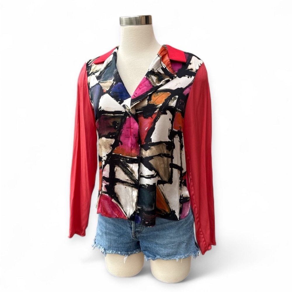 Elie Tahari Multicolor Abstract Blouse with Red Sleeves